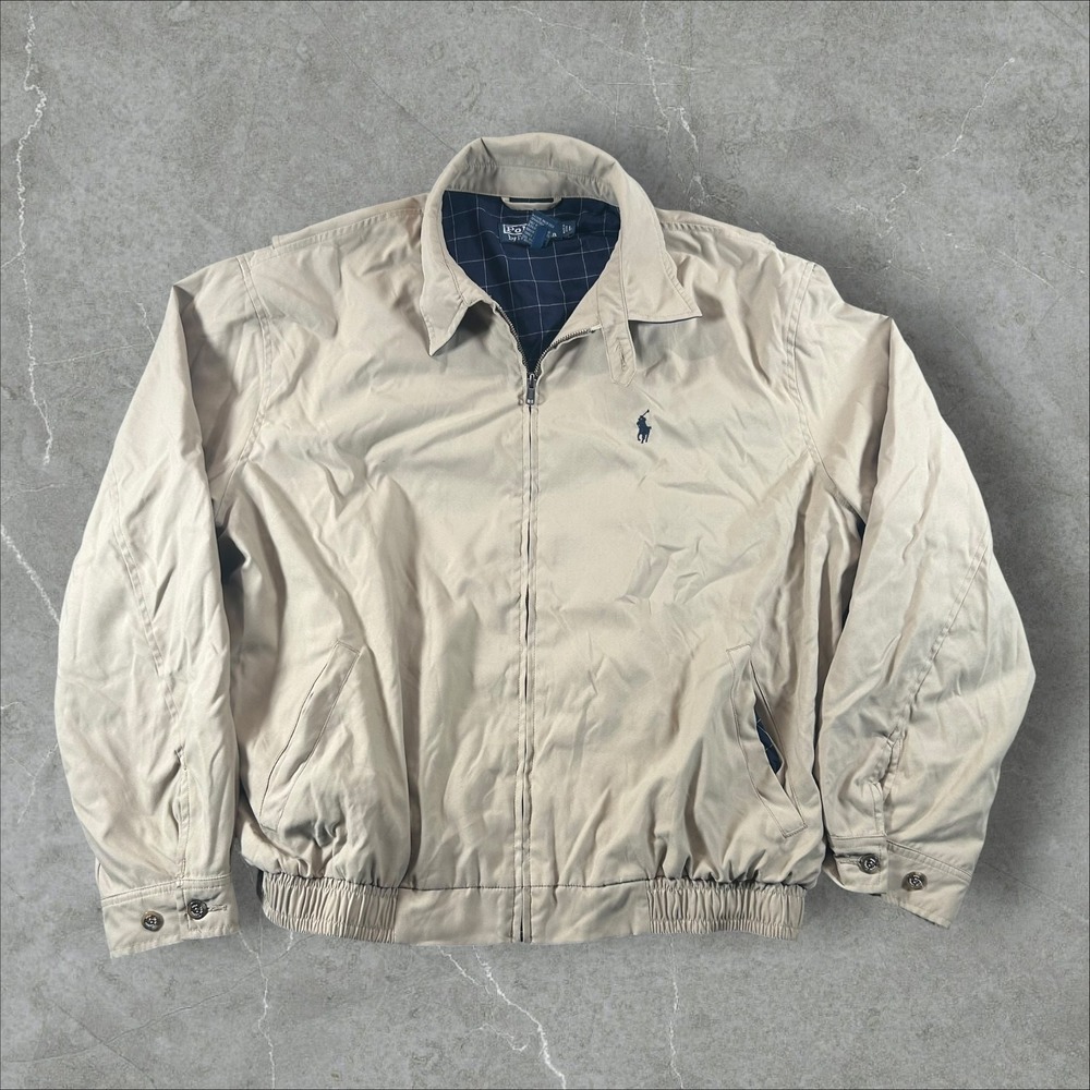 Polo Ralph Lauren Harrington Jacket Mens Large Tan Khaki Plaid Lined Full Zip